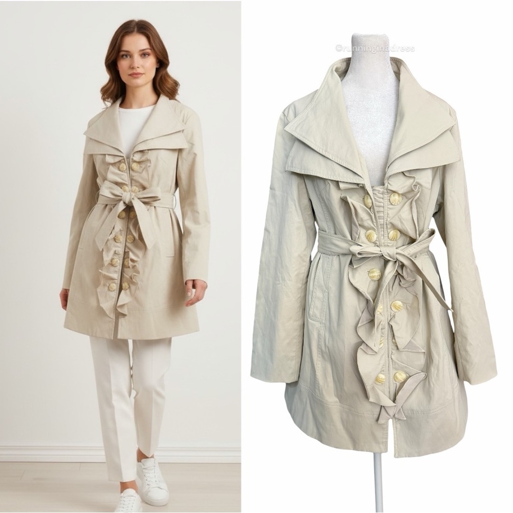 Vintage Kenar Ivory Ruffle Front Trench Coat Portrait Collar Belted Jacket Large